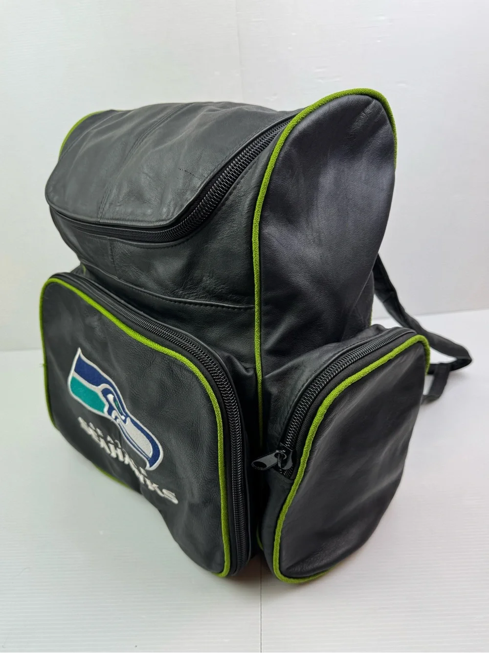 Seattle Seahawks Genuine Leather Backpack VTG Style Black Action Green NFL